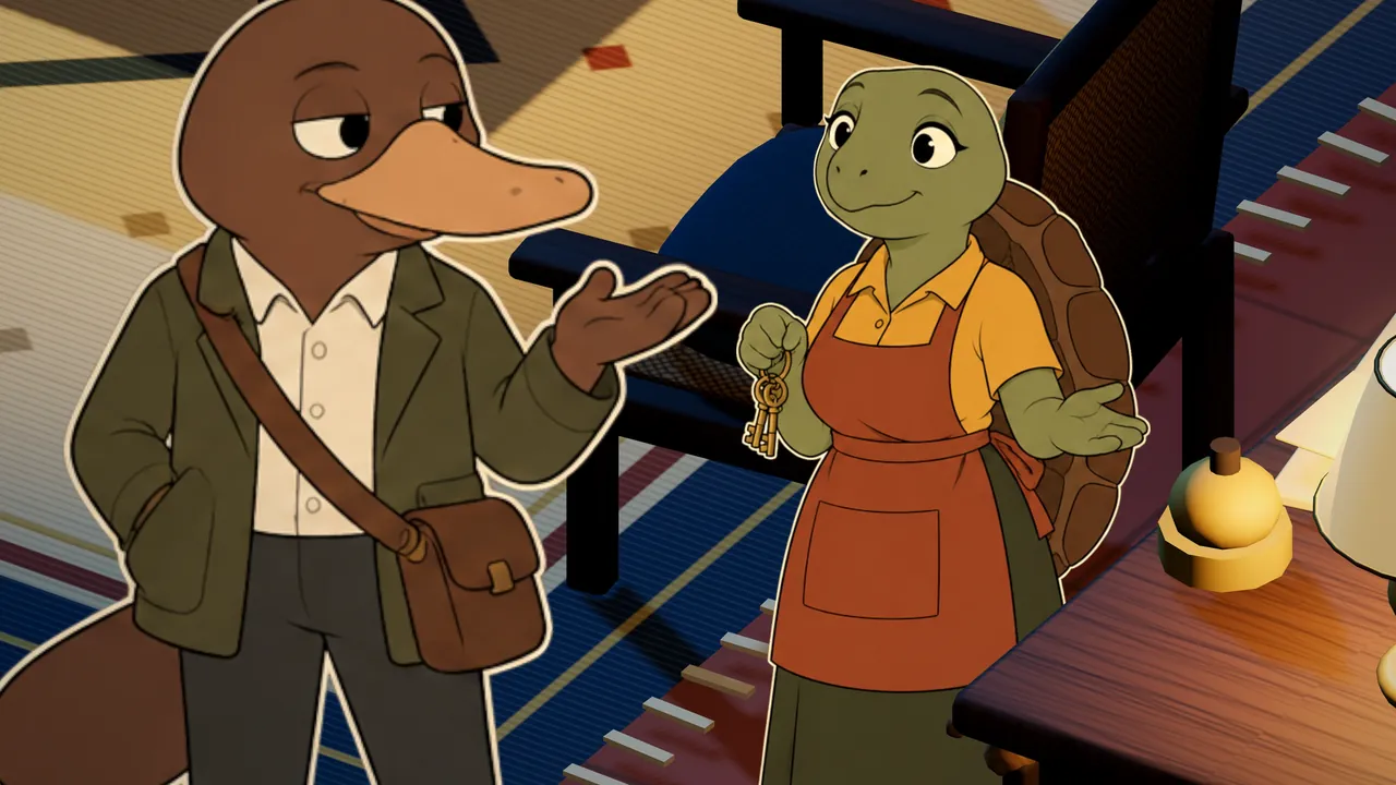 Ada Moss, the tortoise who keeps Cedar House, welcomes Aren with her keys in hand
