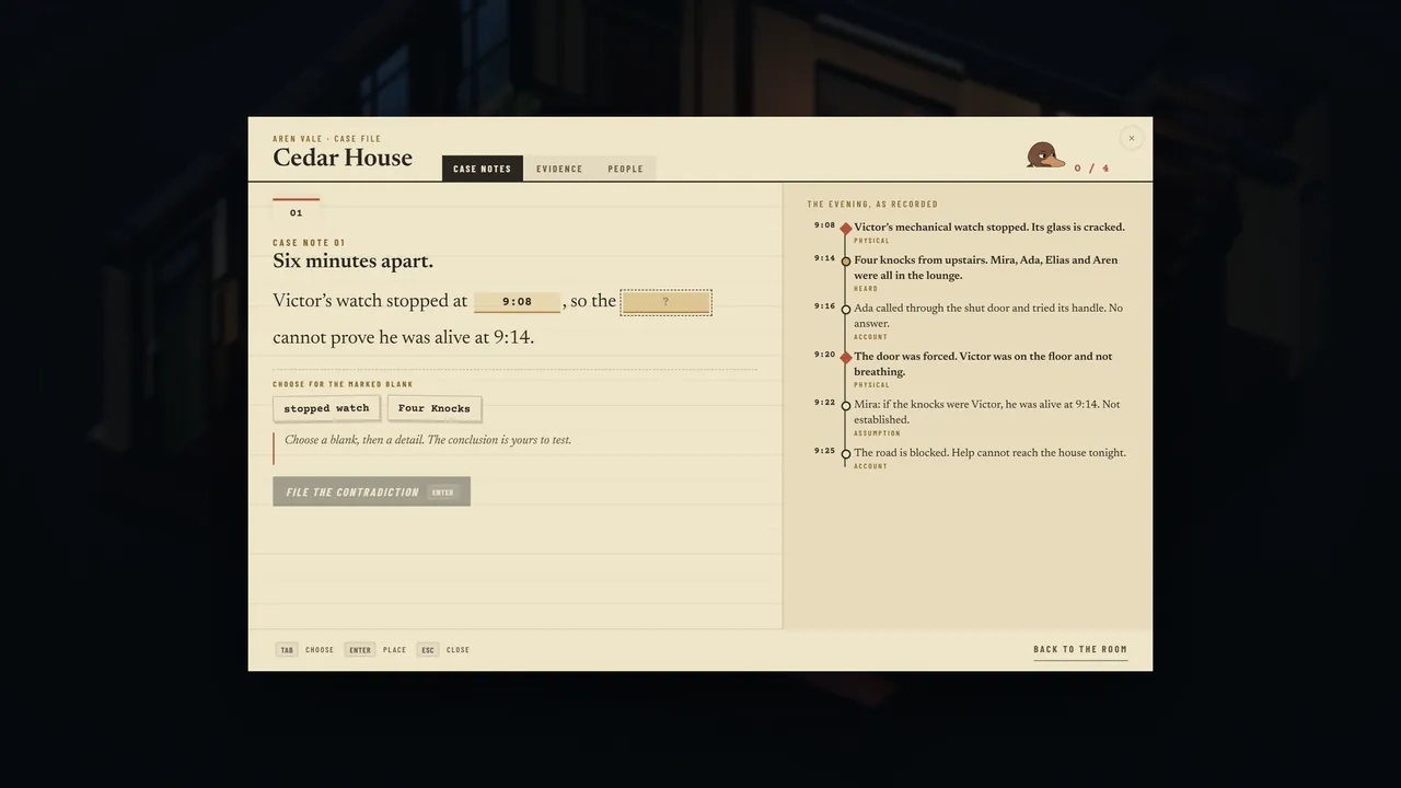 A Case Note with blanks to fill from collected clue words