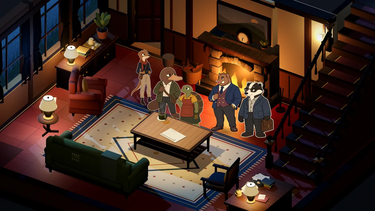 The final game: illustrated 2D characters standing in the stylised 3D lounge of Cedar House