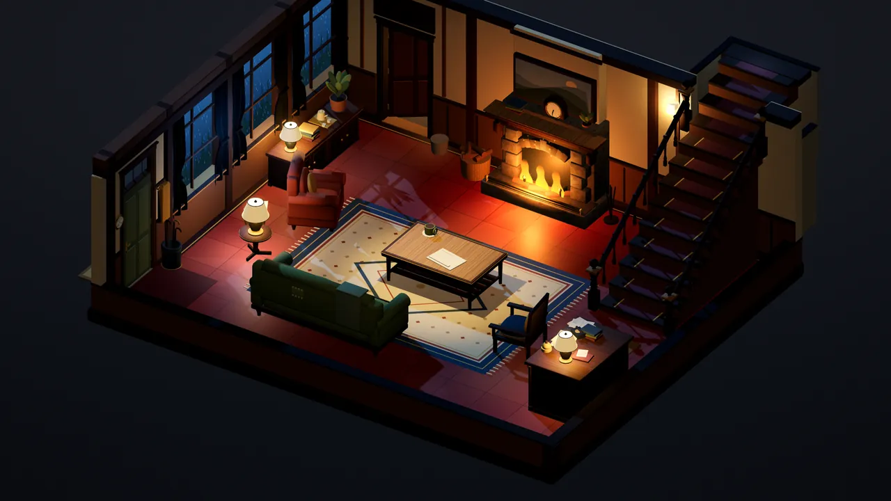 The lounge of Cedar House: a fire in the hearth, a patterned rug, a sofa and the staircase, blue rain at the windows