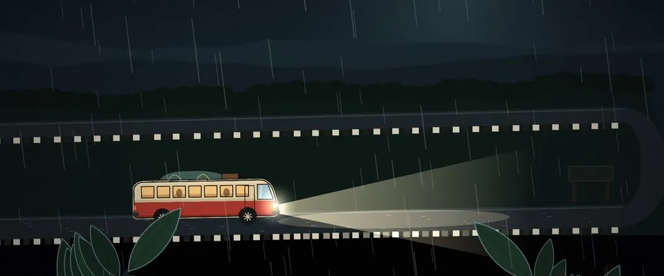 Version 2: the ghat road and bus drawn in code