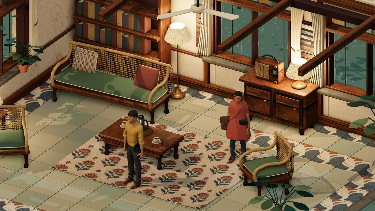 A fully 3D lounge with modelled human characters, built in Blender and rendered in Three.js