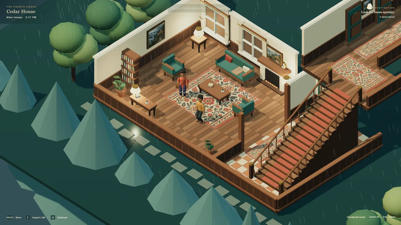 The first technical prototype: a small low-poly lounge with tiny 3D characters and procedural furniture