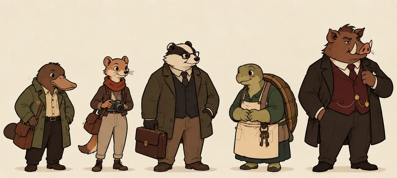 A reference lineup of the illustrated animal cast: a platypus, a mongoose, a badger, a tortoise and a boar