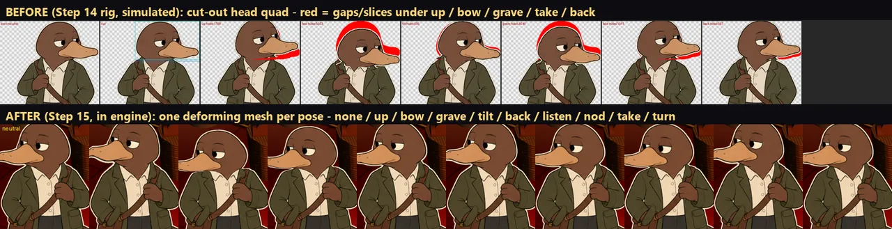 Aren’s head poses before and after the fix: seams at the neck in the old rig, continuous in the new one