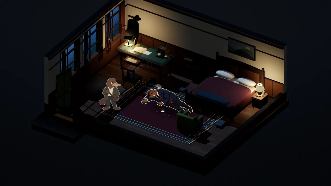 Aren in Victor’s room during the investigation, the desk lamp lit and rain on the windows