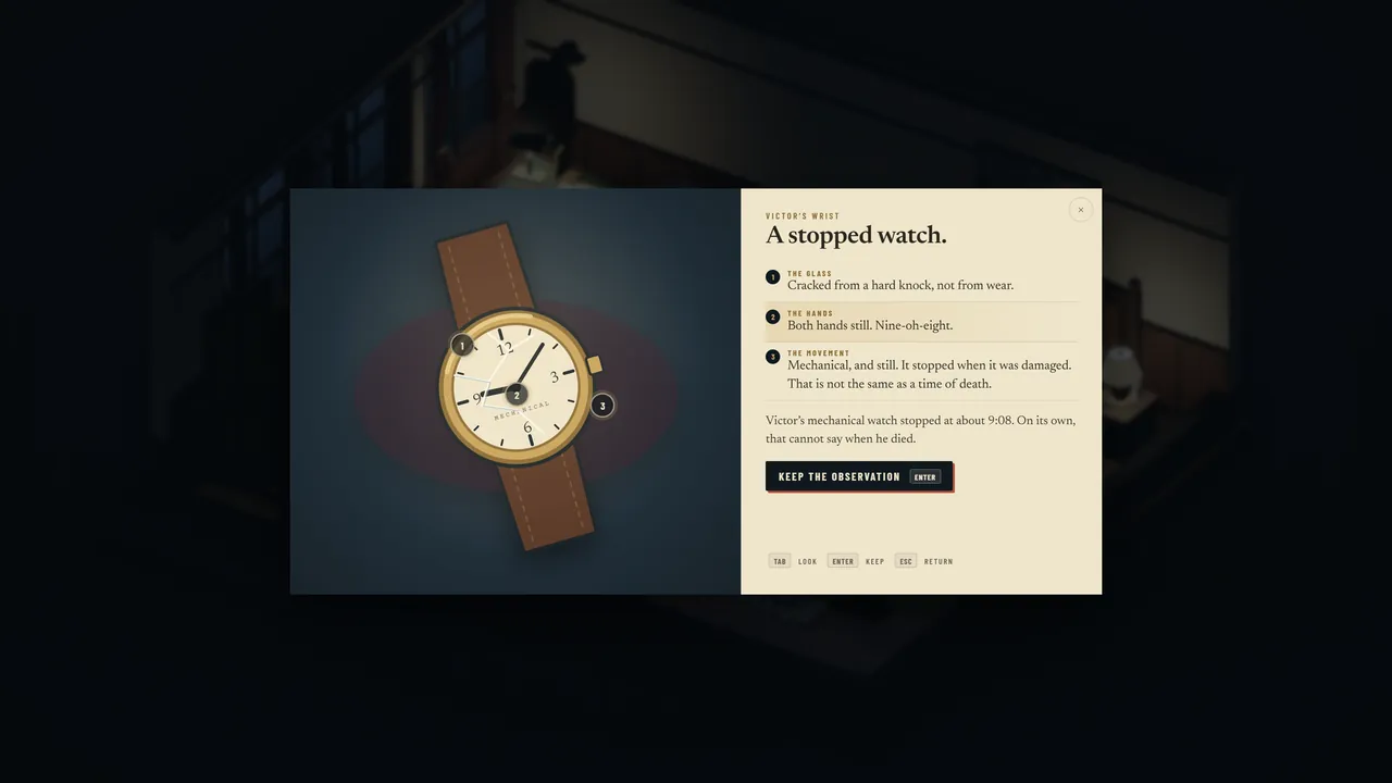 The stopped watch clue panel: a cracked mechanical watch reading 9:08, with spots to examine